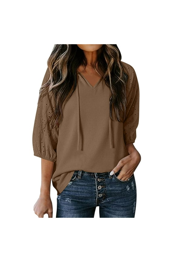 Womens Tops Crochet 3/4 Length Sleeve Top Crewneck Drawstring Blouses Loose Fitted Tunic Top