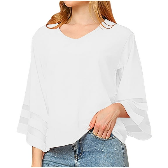 ZyeKqe Womens Tops Dressy 3/4 Sleeve Shirts Casual V Neck Chiffon Blouses Dressy Flowy Tops