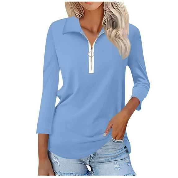 ZyeKqe Womens Tops Dressy Casual 3/4 Length Sleeve V Neck Blouses Half Zip up Collar Work Top Shirts
