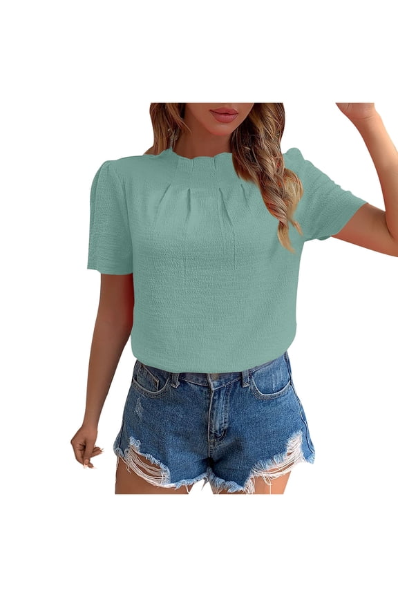 Womens Tops Dressy Casual Short Sleeve Business Top High Neck Plated Comfy Work Office Blouses