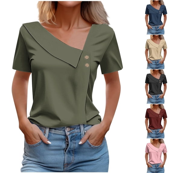 ZyeKqe Womens Tops Dressy Casual Short Sleeve Shirts Asymmetrical V Neck T Shirts Loose Fitted Blouses