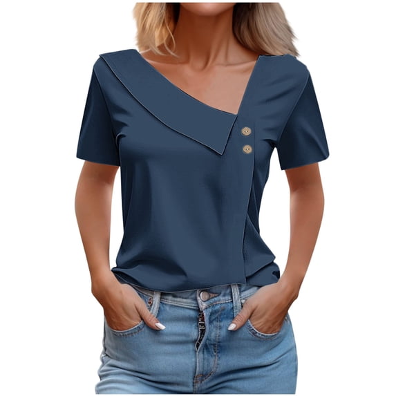 ZyeKqe Womens Tops Dressy Casual Short Sleeve Shirts Asymmetrical V Neck T Shirts Loose Fitted Blouses