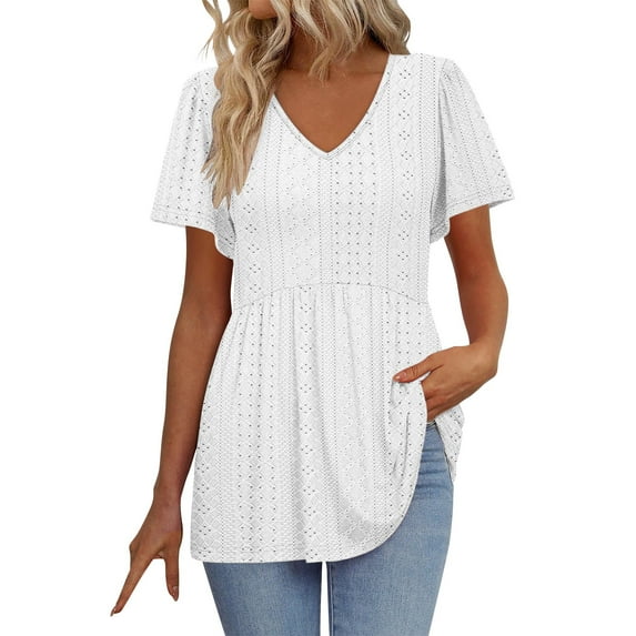 ZyeKqe Womens Tops Eyelet Short Sleeve Shirts Casual V Neck Tunic Tops Dressy Casual Babydoll Blouses