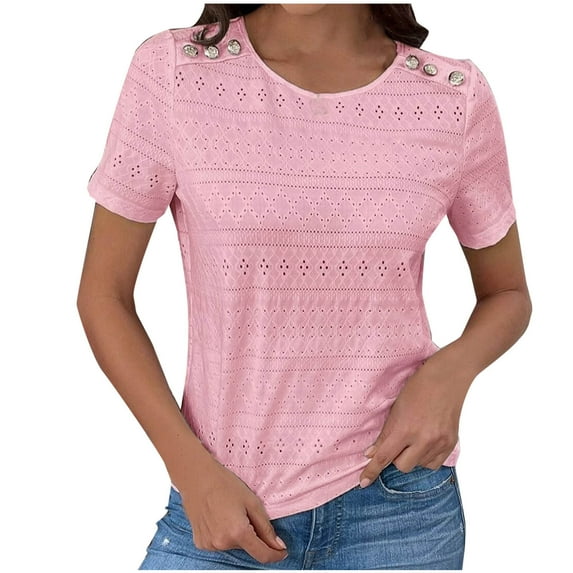 ZyeKqe Womens Tops Eyelet Short Sleeve Shirts Round Neck T Shirts Loose Fitted Blouses Top