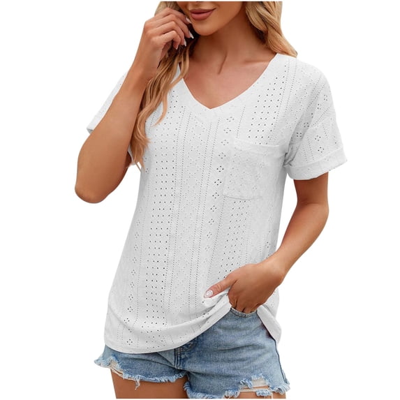 ZyeKqe Womens Tops Eyelet Short Sleeve V Neck Shirts Loose Blouse Casual Summer Tops T Shirts