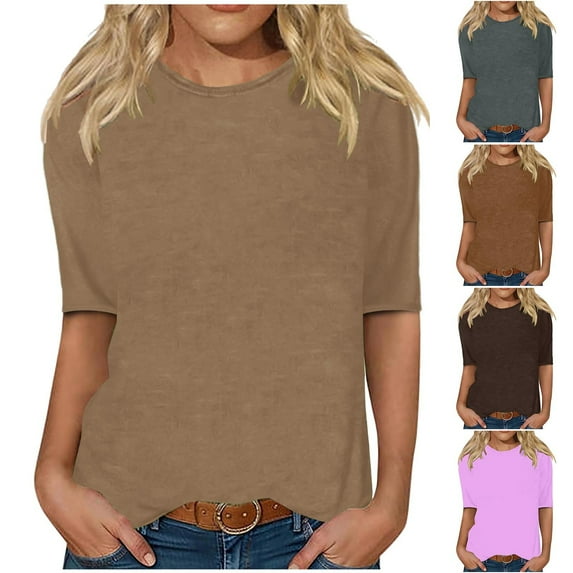 ZyeKqe Womens Tops Half Sleeve Shirts Round Neck Blouses Casual Loose Fitting Tees Top Trendy Clothes