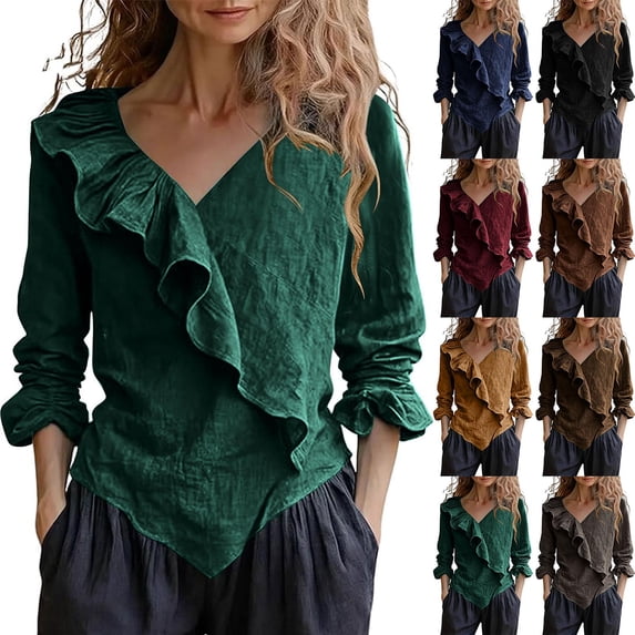ZyeKqe Womens Tops Long Sleeve Ruffle V Neck Dressy Casual Fashion Top Trendy Business Work Office Shirts