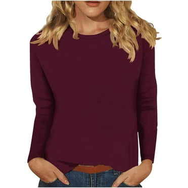 ZyeKqe Womens Tops Long Sleeve Shirts Round Neck Blouses Casual Loose Fitting Tees Solid Color Blouses
