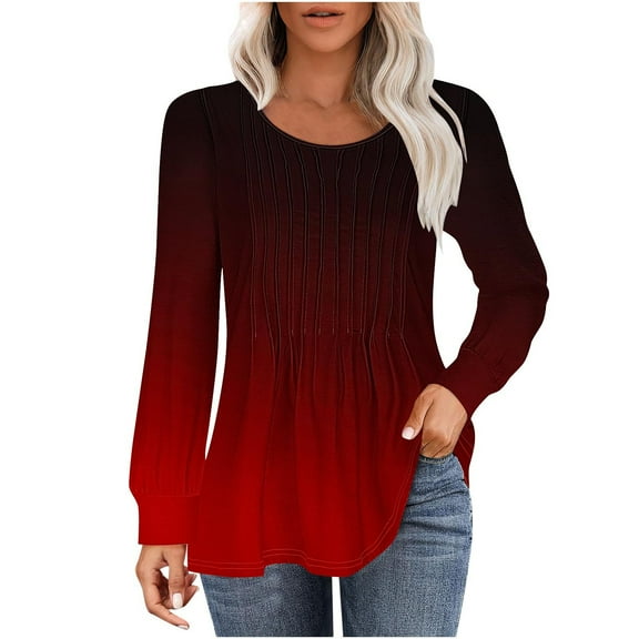 ZyeKqe Womens Tops Puff Long Sleeve Shirts Crewneck Pleated Dressy Casual Blouses Tunic or Tops to Wear with Leggings