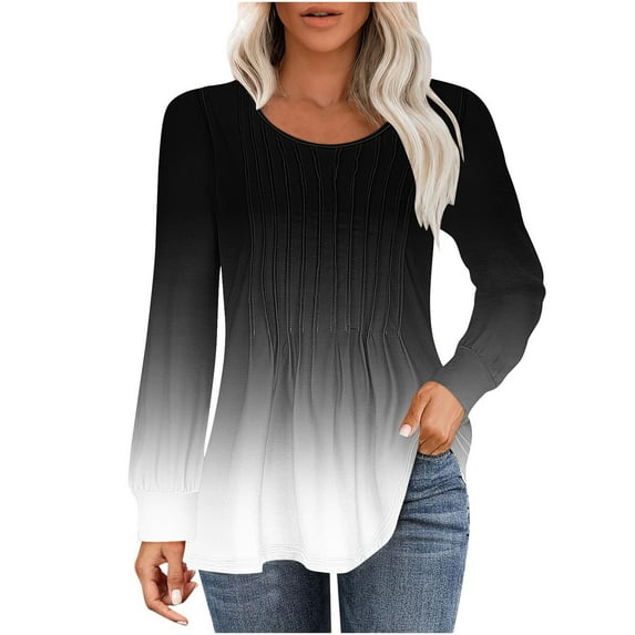 ZyeKqe Womens Tops Puff Long Sleeve Shirts Crewneck Pleated Dressy Casual Blouses Tunic or Tops to Wear with Leggings