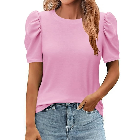ZyeKqe Womens Tops Puff Short Sleeve Shirts Round Neck Dressy Casual Blouses Solid Color T Shirts Tees