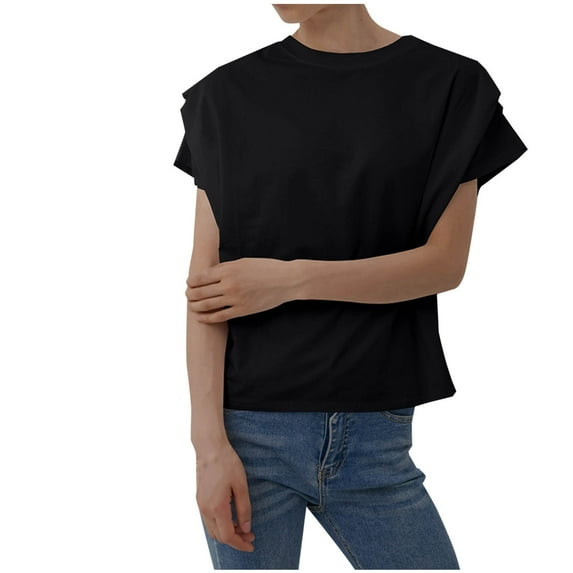 ZyeKqe Womens Tops Short Ruffle Sleeve Crew Neck Tee Shirts Loose Fitted Lightweight Casual Blouses