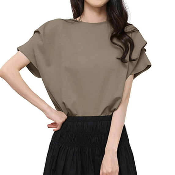 ZyeKqe Womens Tops Short Ruffle Sleeve Crew Neck Tee Shirts Loose Fitted Lightweight Casual Blouses