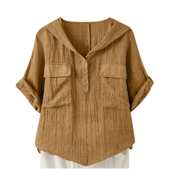 ZyeKqe Womens Tops Short Sleeve Shirts Button up V Neck Hooded Shirts Solid Color Loose Fitted Blouses