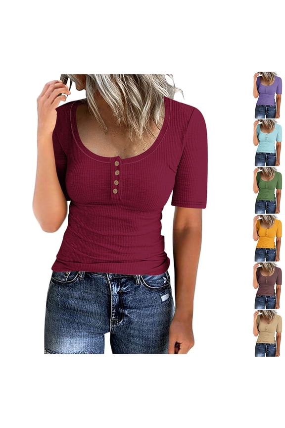 Womens Tops Short Sleeve Shirts Scoop Neck Button up Blouses Ribbed Knit Slim Fitted Tight T Shirts