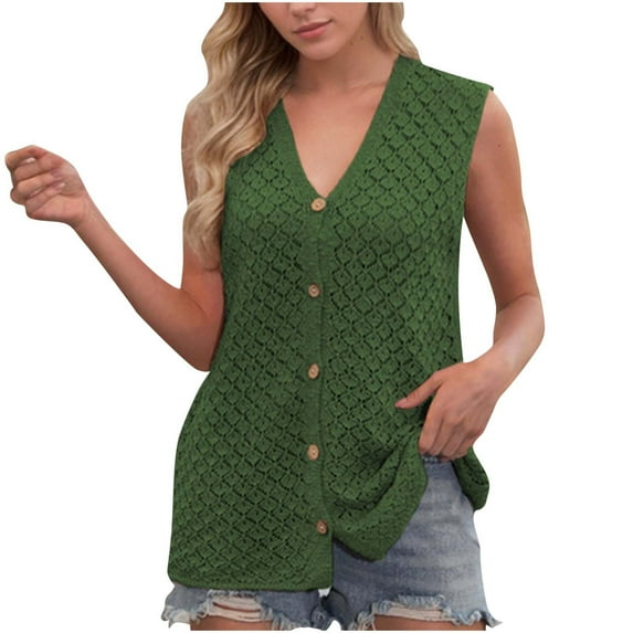 ZyeKqe Womens V Neck Sweater Vest Sleeveless Button down Crochet Knit Top Casual Loose Summer Going out Tops