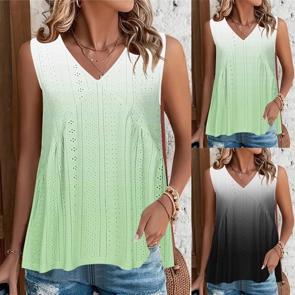 ZyeKqe Womens V Neck Tank Tops Eyelet Sleeveless Shirts Dressy Casual Pleated Tunic Top Gradient Color Summer Blouses
