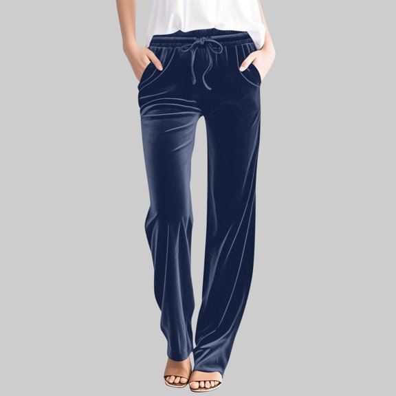 ZyeKqe Womens Velvet Pants High Waisted Drawstring Casual Loose Straight Wide Leg Trouser with Pocket