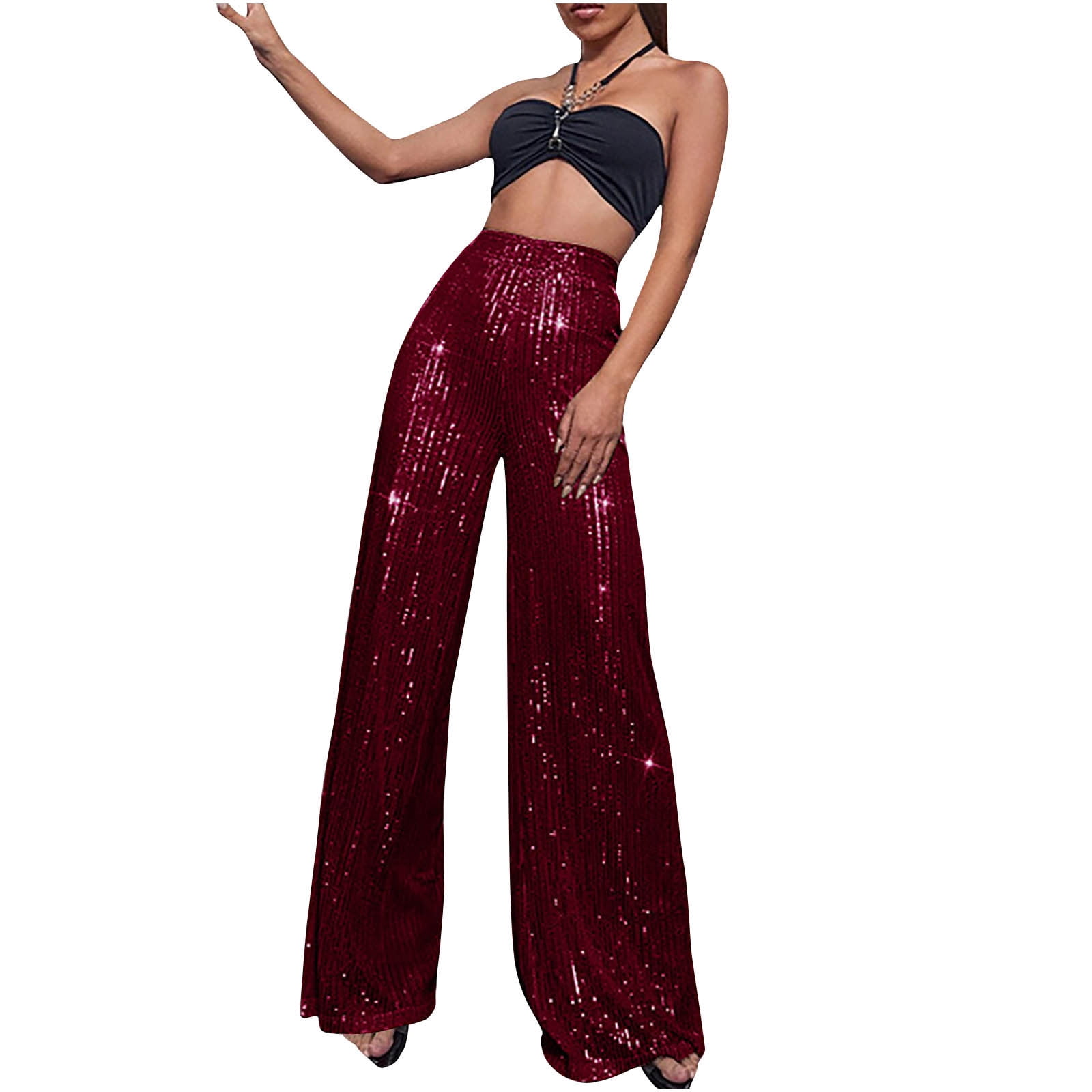 ZyeKqe Womens Wide Leg Pants Sparkle Sequin Loose High Waisted Casual ...
