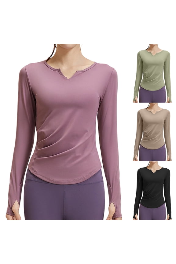 Womens Workout Shirts Long Sleeve Notch Neck Loose Sports Running Breathable Comfy Athletic Tops