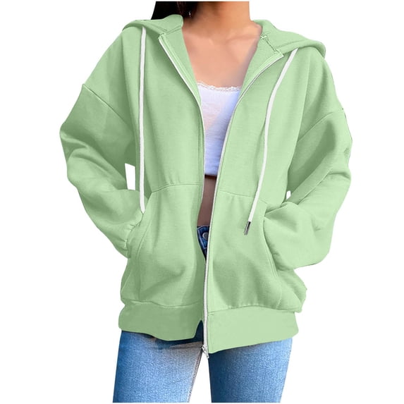 ZyeKqe Womens Zip up Hoodies Casual Drawstring Jackets Fall Fashion Loose Fitted Oversized Sweatshirts with Pockets