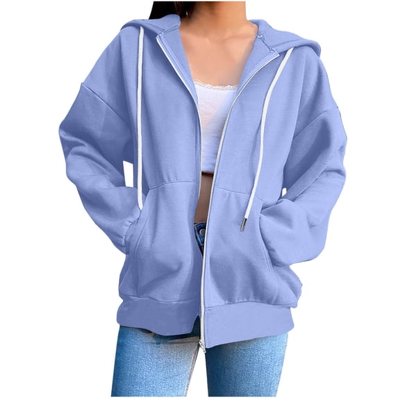 ZyeKqe Womens Zip up Hoodies Casual Drawstring Jackets Fall Fashion Loose Fitted Oversized Sweatshirts with Pockets