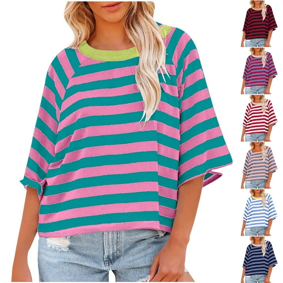 ZyeKqe Womenst Shirts Striped Oversized Crew Neck Top Casual Color Block Basic Sports Tees Blouses