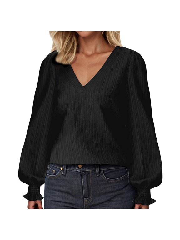 Work Tops for Women Business Casual Top Long Sleeve Shirts Casual V Neck Office Blouses Size S-XXL
