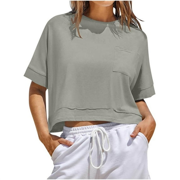 ZyeKqe Workout Crop Tops for Women Short Sleeve Athletic Shirts Round Neck Yoga Top Loose Fitted Gym Clothes