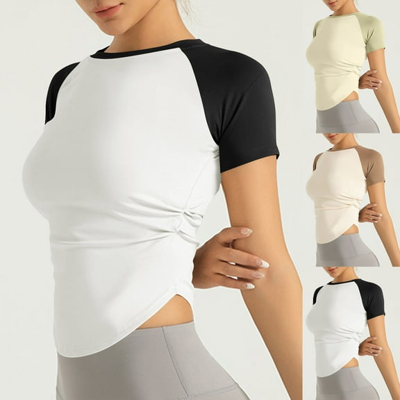 ZyeKqe Workout Crop Tops for Women Short Sleeve Athletic Shirts Scoop Neck Yoga Top Slim Fitted Gym Tees