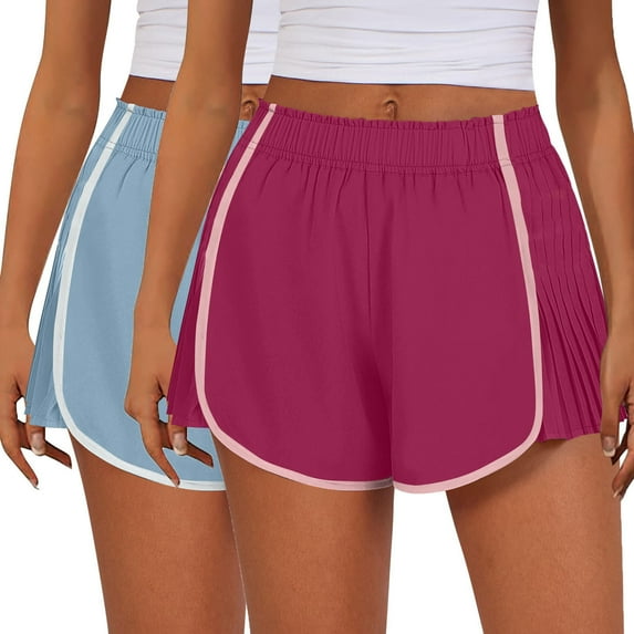 ZyeKqe Workout Shorts for Women Elastic Waisted Running Shorts Loose Casual Side Pleated Athletic Shorts 2PCs