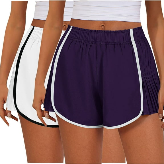 ZyeKqe Workout Shorts for Women Elastic Waisted Running Shorts Loose Casual Side Pleated Athletic Shorts 2PCs