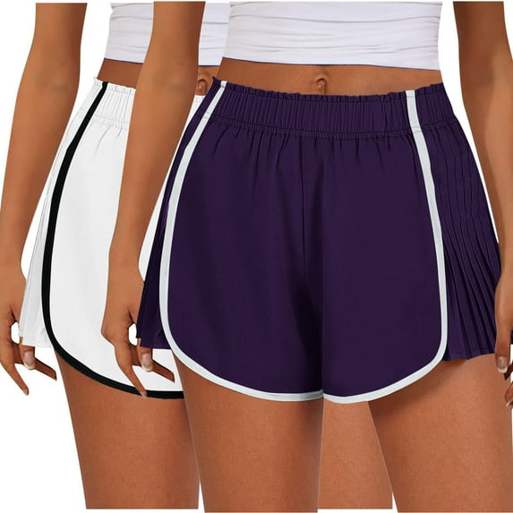 ZyeKqe Workout Shorts for Women Elastic Waisted Running Shorts Loose Casual Side Pleated Athletic Shorts 2PCs