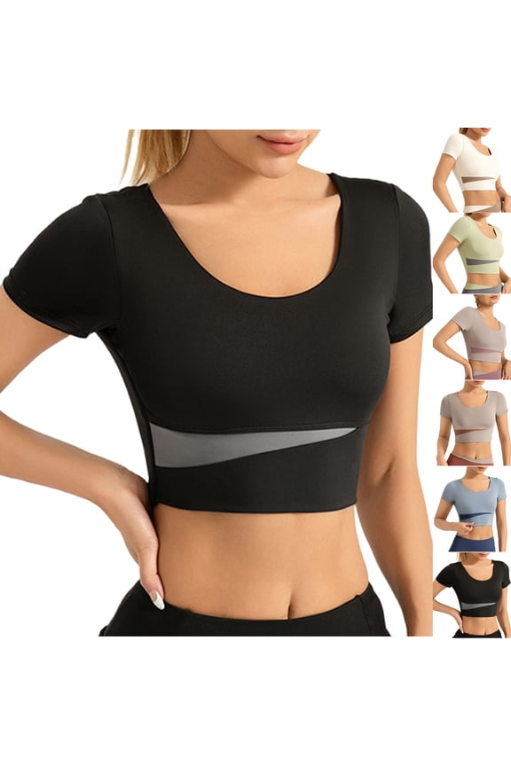 Workout Crop Tops for Women Short Sleeve Athletic Shirts Scoop Neck Yoga Top Slim Fitted Gym Tees