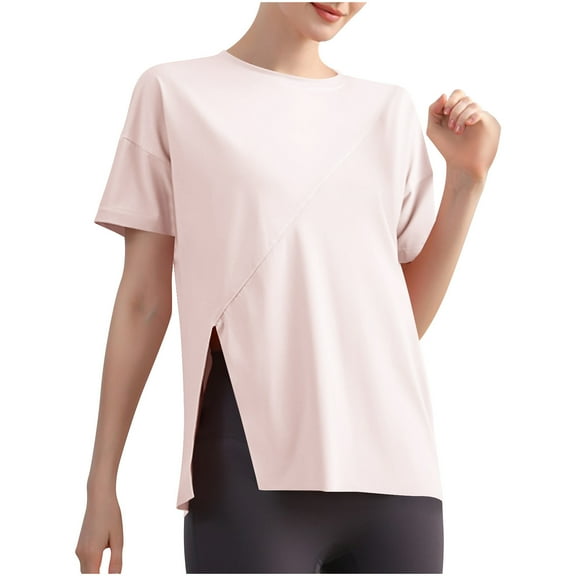 ZyeKqe Workout T Shirts for Women Short Sleeve Athletic Shirts Round Neck Yoga Top Side Split Loose Fitted Running Gym Clothes