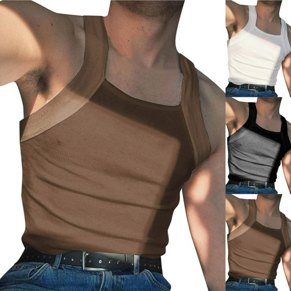 ZyeKqe Mens Tank Tops Ribbed Knit Cut Shirts Square Neck Sleeveless Casual Slim Muscle Sports Summer Going out Tops