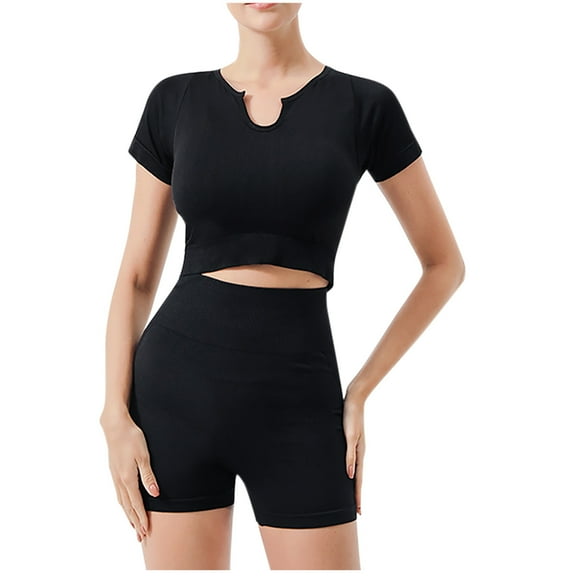 ZyeKqe Workout Tank Tops for Women 2 Piece Yoga Athletic Outfits Short Sleeve Crop Tops High Wasited Biker Shorts