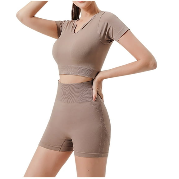 ZyeKqe Workout Tank Tops for Women 2 Piece Yoga Athletic Outfits Short Sleeve Crop Tops High Wasited Biker Shorts