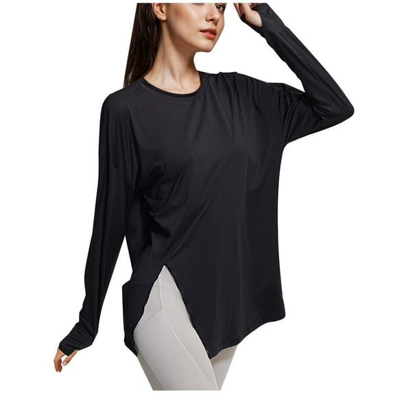 ZyeKqe Workout Tops for Women Long Sleeve Yoga Top Crewneck Athletic Shirts Split Front Running Gym Top Loose Fitted