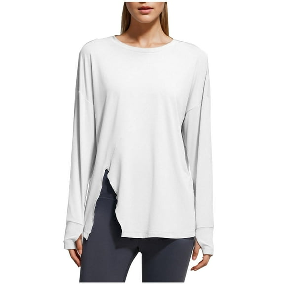 ZyeKqe Workout Tops for Women Long Sleeve Yoga Top Crewneck Athletic Shirts Split Front Running Gym Top Loose Fitted