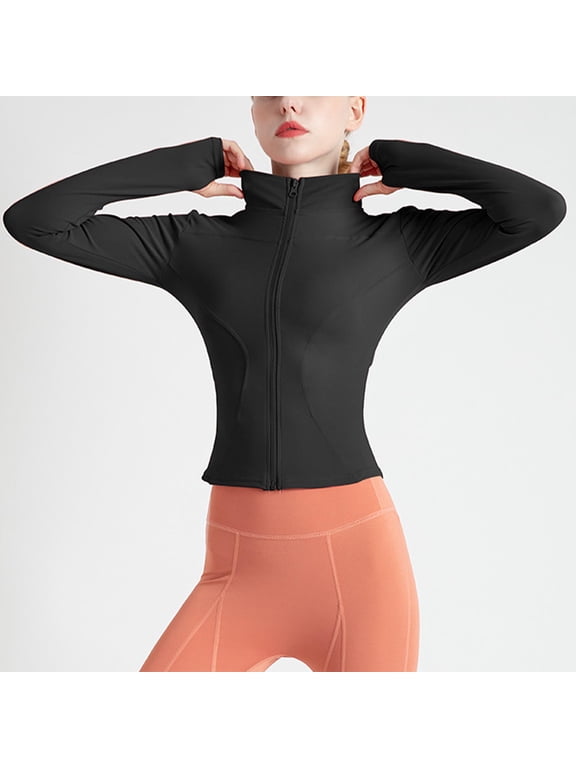 Workout Tops for Women Long Sleeve Zipper Cropped Jackets Lightweight Yoga Athletic Jacket with Thumb Holes