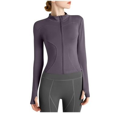 ZyeKqe Workout Tops for Women Long Sleeve Zipper Cropped Jackets Lightweight Yoga Athletic Jacket with Thumb Holes