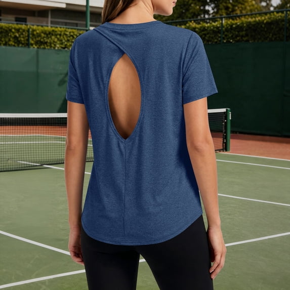 ZyeKqe Workout Tops for Women Short Sleeve Open Back Crewneck Casual Summer Athletic Tops for Outdoor Running Yoga Gym