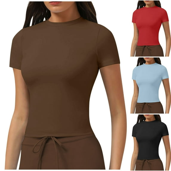 ZyeKqe Workout Tops for Women Short Sleeve Shirts Round Neck T Shirts Stretchy Slim Fitted Basic Tees