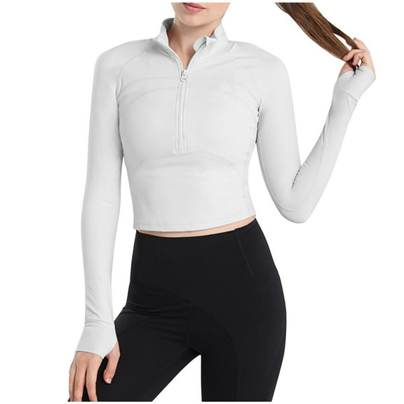 ZyeKqe Workout Tops for Women Zipper V Neck Long Sleeve Cropped Shirts Quick Dry Yoga Athletic Shirts Soft Gym Tops