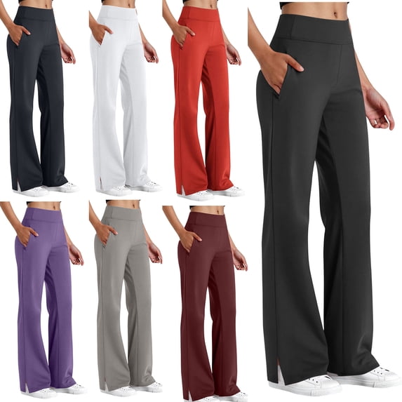 ZyeKqe Yoga Pants for Women High Waist Straight Leg Dress Leggings Casual Solid Color Comfy Trousers with Pockets
