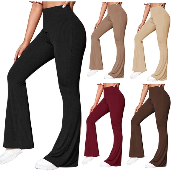 ZyeKqe Yoga Pants for Women High Waisted Ribbed Knit Flare Pants Stretchy Butt Lifting Bell Bottom Trousers