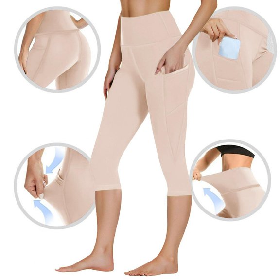 ZyeKqe Yoga Pants for Women Slim Fitted Elastic Waist Lightweight Comfy Stretch Base Layer Loungewear Capri Pants with Pockets