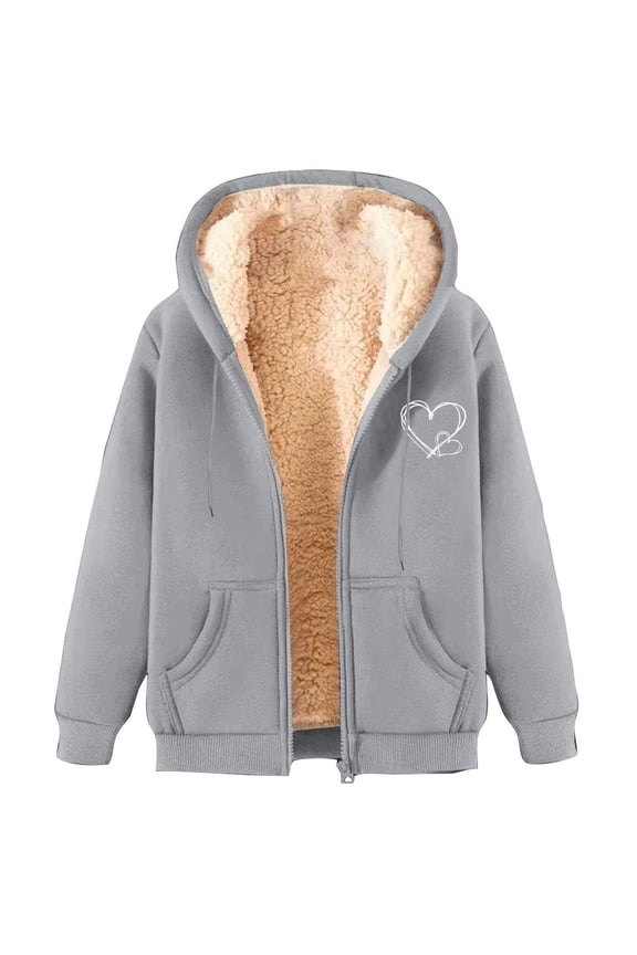 Zip up Hoodie for Women Fleece Lined Thermal Warm Sherpa Pullover Sweatshirts Cute Heart Printed Jackets