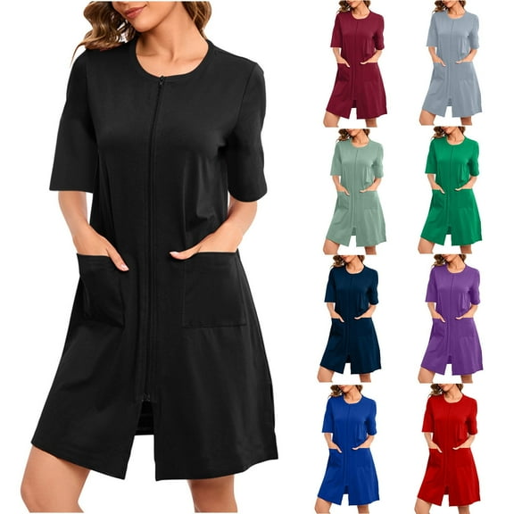ZyeKqe Nightgowns for Women 3/4 Sleeve Zipper Front Pajamas Dress Lightweight Sleepwear Housecoat with Pockets S-XXL